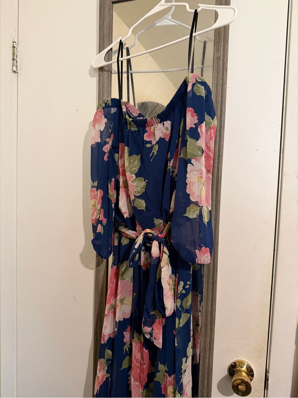 Ladies Navy Blue Floral Cold-Shoulder Dress with Tie Waist
